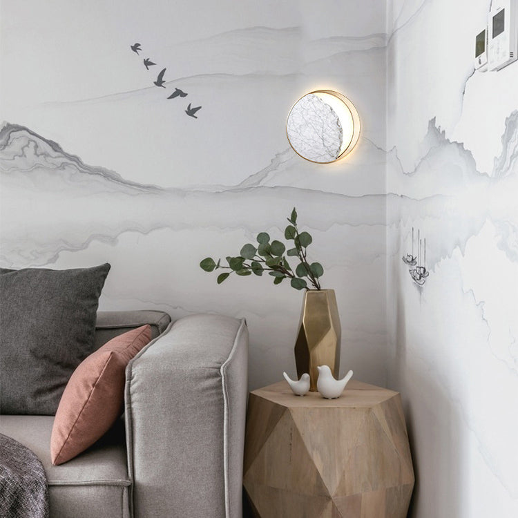 Contemporary Scandinavian Round Curved Moon Metal Marble 2-Light Wall Sconce Lamp For Bedroom