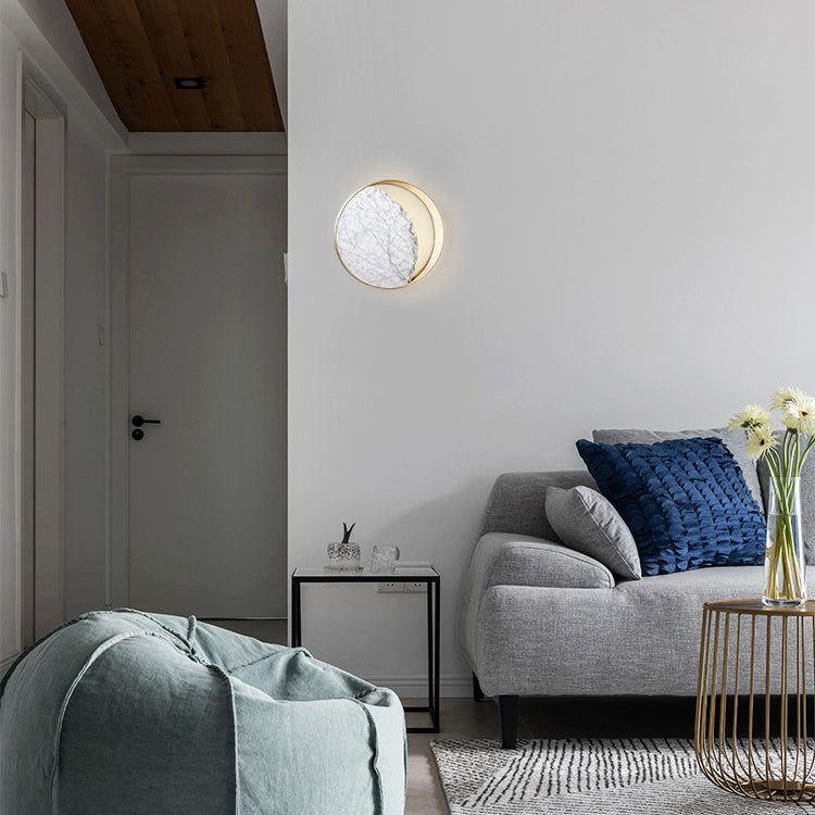 Contemporary Scandinavian Round Curved Moon Metal Marble 2-Light Wall Sconce Lamp For Bedroom