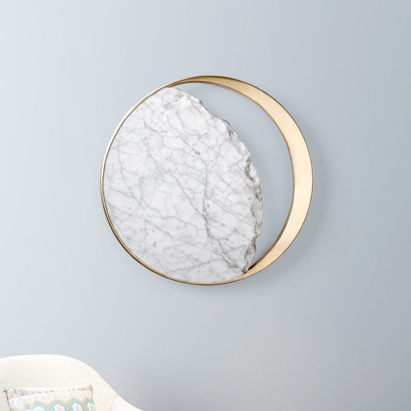 Contemporary Scandinavian Round Curved Moon Metal Marble 2-Light Wall Sconce Lamp For Bedroom