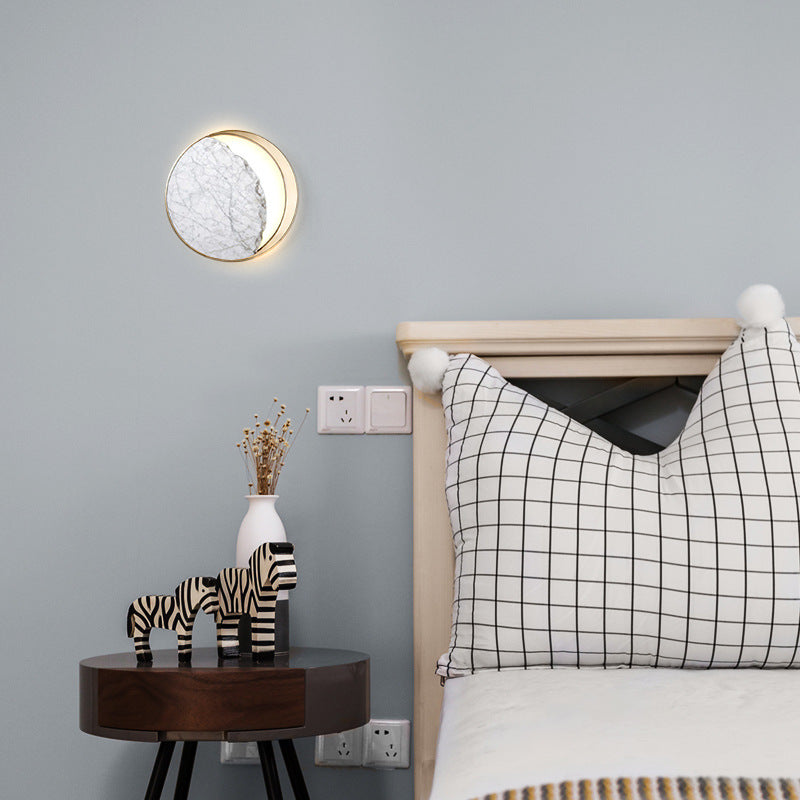 Contemporary Scandinavian Round Curved Moon Metal Marble 2-Light Wall Sconce Lamp For Bedroom