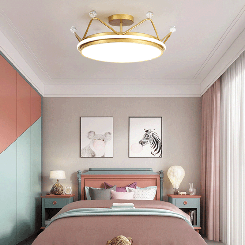 Contemporary Scandinavian Kids Round Crown Iron Acrylic LED Semi-Flush Mount Ceiling Light For Bedroom