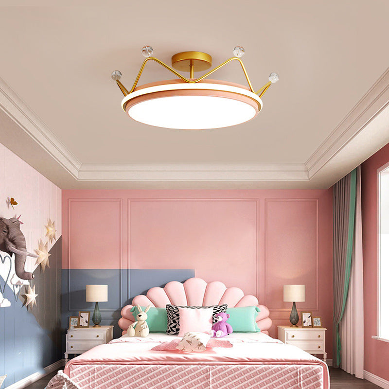 Contemporary Scandinavian Kids Round Crown Iron Acrylic LED Semi-Flush Mount Ceiling Light For Bedroom