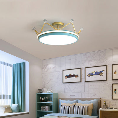 Contemporary Scandinavian Kids Round Crown Iron Acrylic LED Semi-Flush Mount Ceiling Light For Bedroom