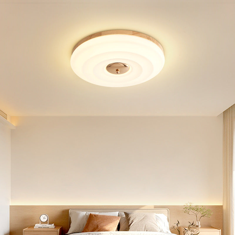 Traditional Japanese Round Ripple Iron Acrylic Wooden LED Flush Mount Ceiling Light For Bedroom