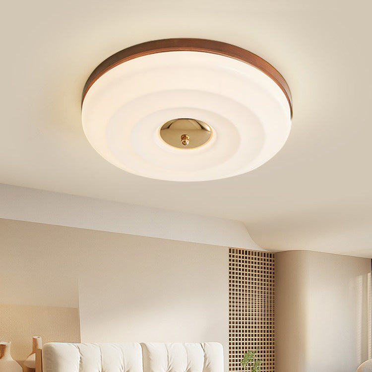 Traditional Japanese Round Ripple Iron Acrylic Wooden LED Flush Mount Ceiling Light For Bedroom