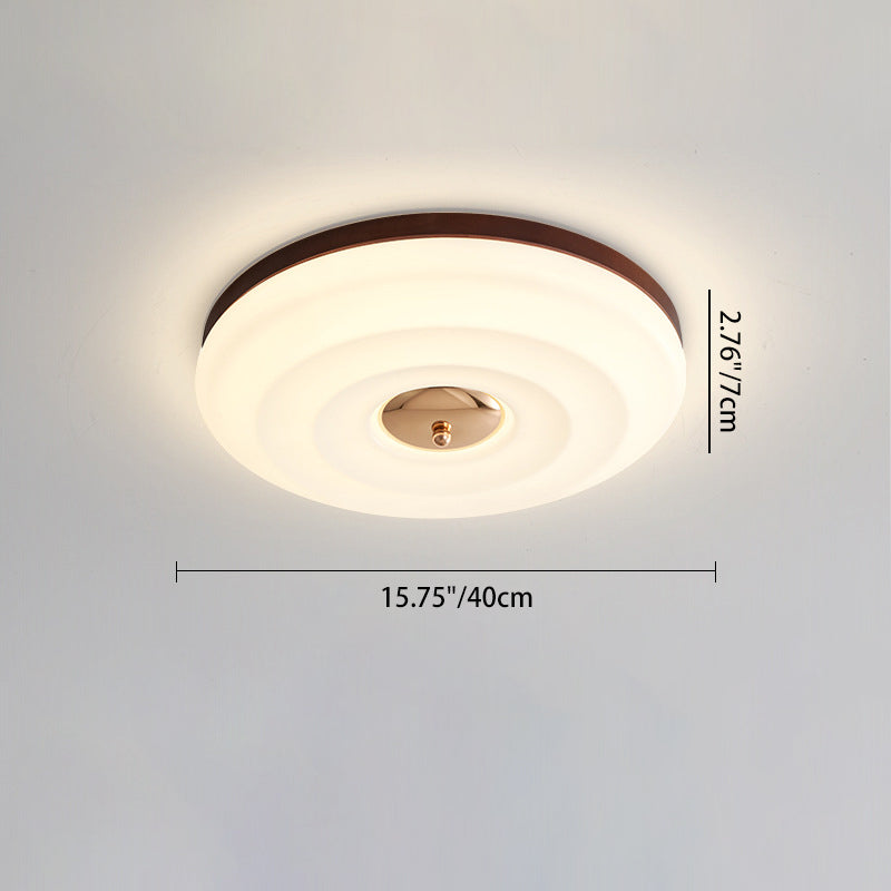 Traditional Japanese Round Ripple Iron Acrylic Wooden LED Flush Mount Ceiling Light For Bedroom