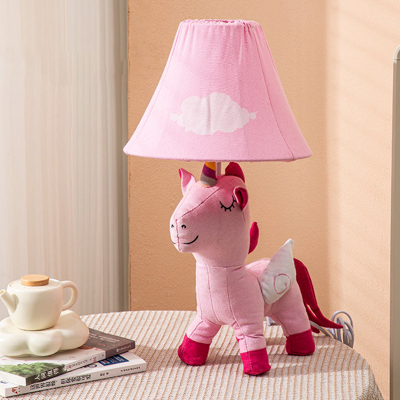 Contemporary Creative Cartoon Kids Unicorn Round Table Clouds Iron Resin Fabric 1-Light Table Lamp For Bedroom