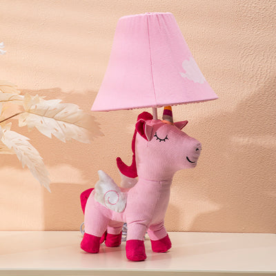 Contemporary Creative Cartoon Kids Unicorn Round Table Clouds Iron Resin Fabric 1-Light Table Lamp For Bedroom