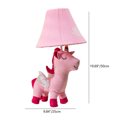 Contemporary Creative Cartoon Kids Unicorn Round Table Clouds Iron Resin Fabric 1-Light Table Lamp For Bedroom