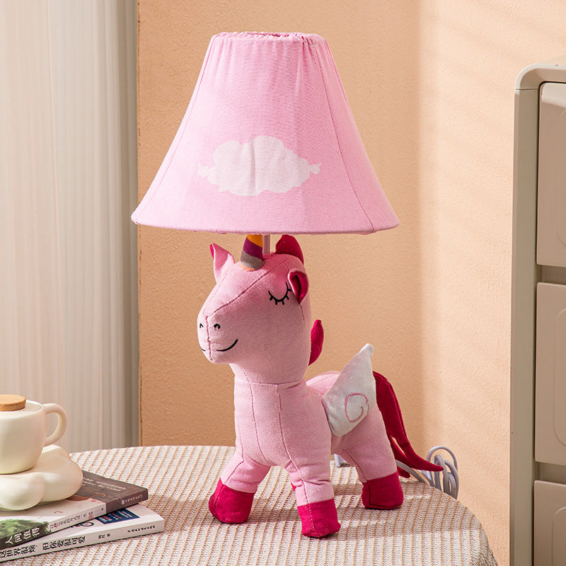 Contemporary Creative Cartoon Kids Unicorn Round Table Clouds Iron Resin Fabric 1-Light Table Lamp For Bedroom