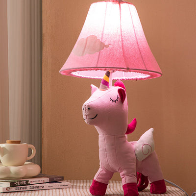 Contemporary Creative Cartoon Kids Unicorn Round Table Clouds Iron Resin Fabric 1-Light Table Lamp For Bedroom