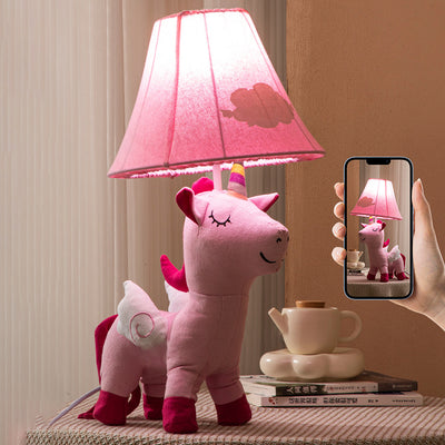 Contemporary Creative Cartoon Kids Unicorn Round Table Clouds Iron Resin Fabric 1-Light Table Lamp For Bedroom