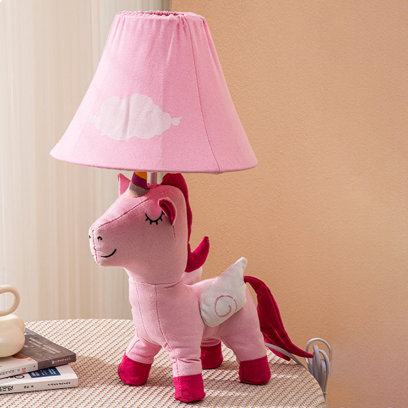 Contemporary Creative Cartoon Kids Unicorn Round Table Clouds Iron Resin Fabric 1-Light Table Lamp For Bedroom