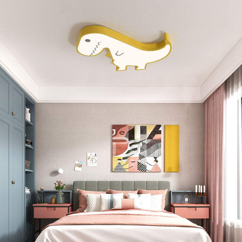 Contemporary Scandinavian Cartoon Kids Dinosaur Iron Acrylic LED Flush Mount Ceiling Light For Bedroom