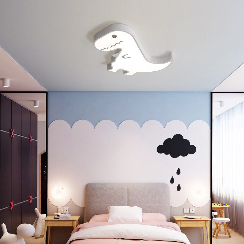 Contemporary Scandinavian Cartoon Kids Dinosaur Iron Acrylic LED Flush Mount Ceiling Light For Bedroom