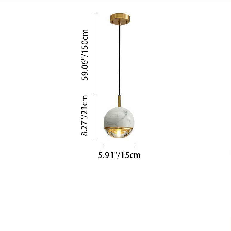 Contemporary Scandinavian Sphere Disc Base Copper Marble Glass 1-Light Pendant Light For Bedroom