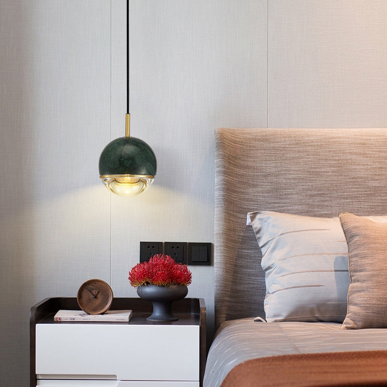 Contemporary Scandinavian Sphere Disc Base Copper Marble Glass 1-Light Pendant Light For Bedroom