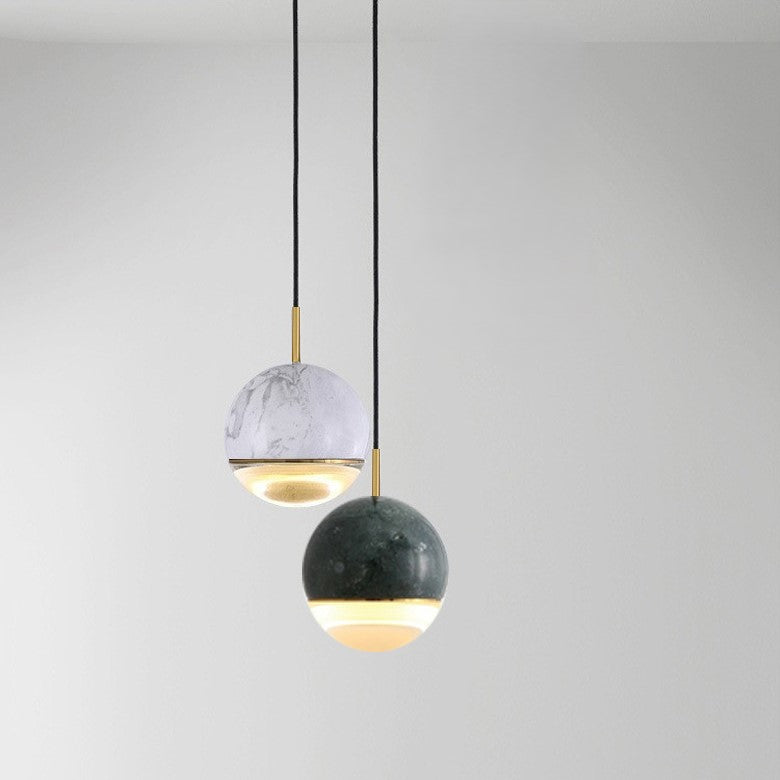 Contemporary Scandinavian Sphere Disc Base Copper Marble Glass 1-Light Pendant Light For Bedroom