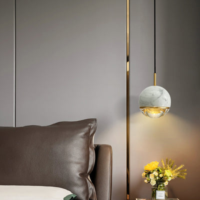 Contemporary Scandinavian Sphere Disc Base Copper Marble Glass 1-Light Pendant Light For Bedroom