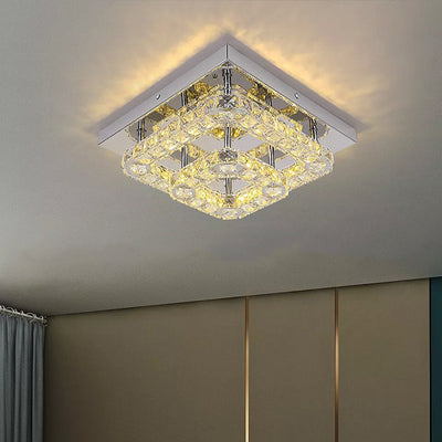 Modern Minimalist Square Hollow Double Stainless Steel Crystal LED Flush Mount Ceiling Light For Living Room