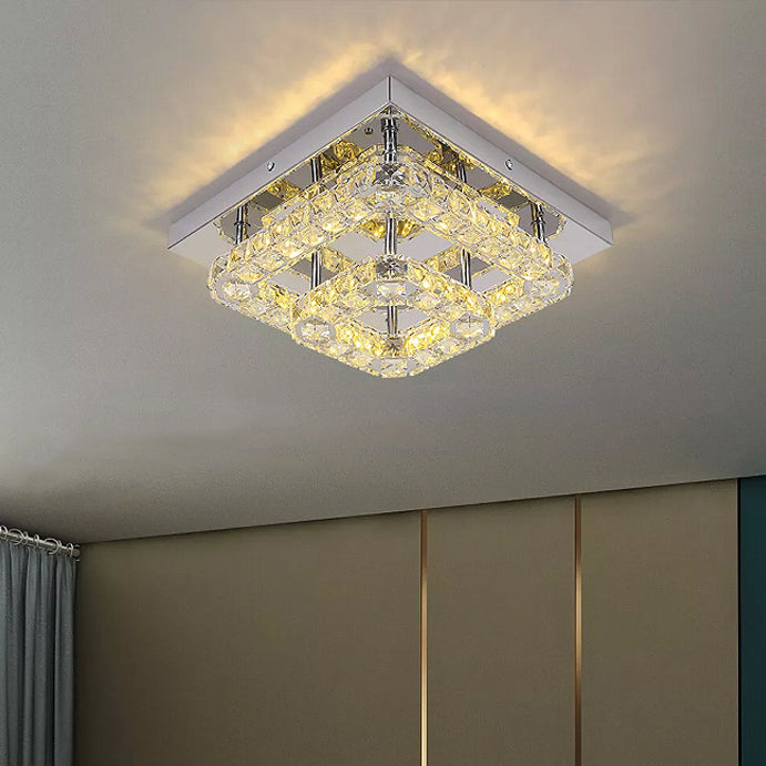 Modern Minimalist Square Hollow Double Stainless Steel Crystal LED Flush Mount Ceiling Light For Living Room