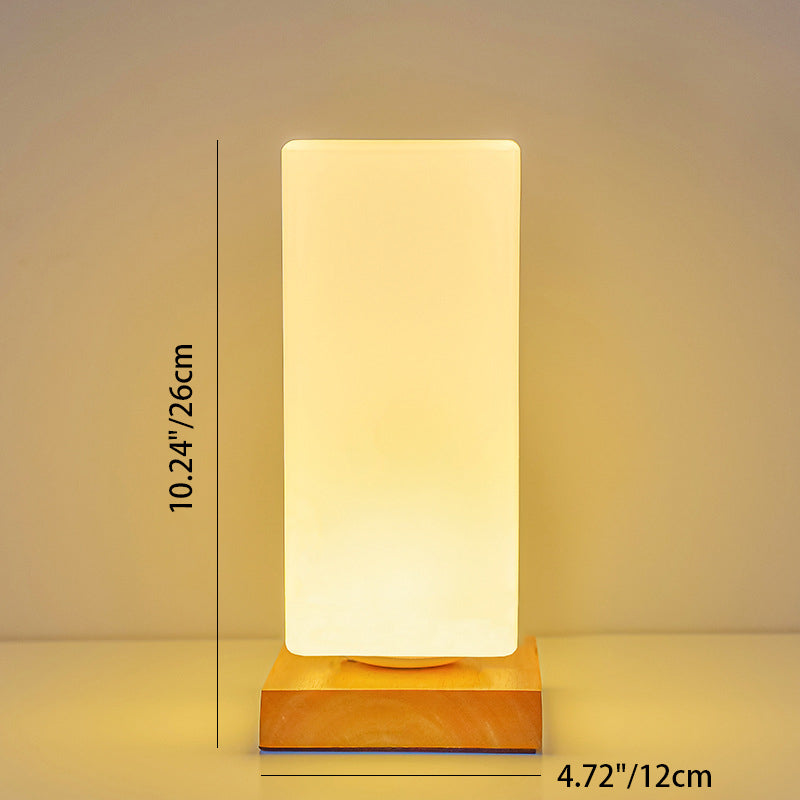 Contemporary Scandinavian Rectangular Cylinder Hollow Wood Glass LED Table Lamp For Bedroom