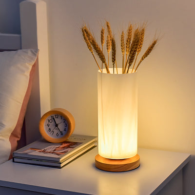 Contemporary Scandinavian Rectangular Cylinder Hollow Wood Glass LED Table Lamp For Bedroom