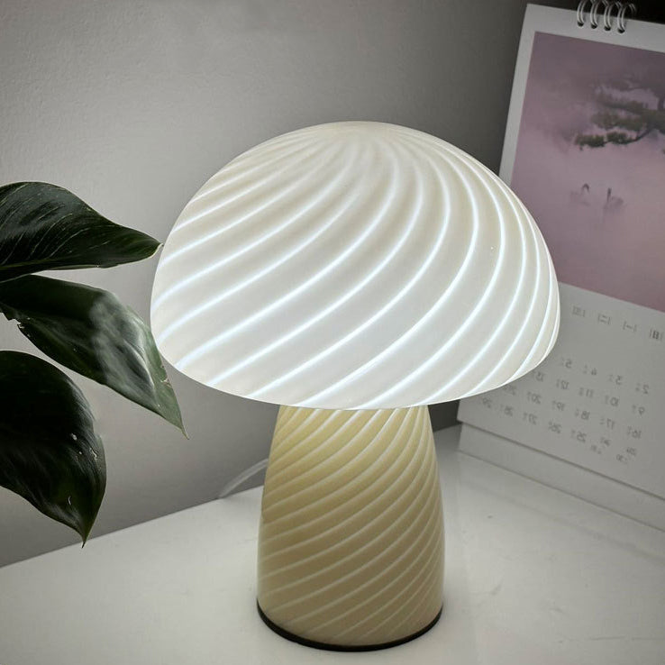 Contemporary Scandinavian Cylinder Half Round Mushroom Spiral Textured Glass 1-Light Table Lamp For Bedroom