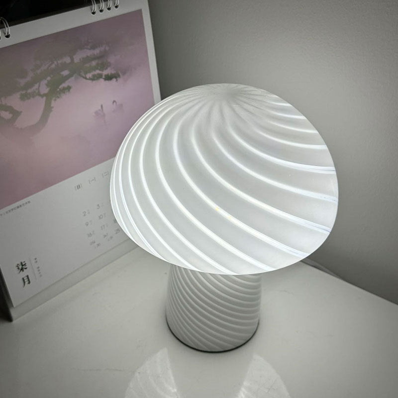 Contemporary Scandinavian Cylinder Half Round Mushroom Spiral Textured Glass 1-Light Table Lamp For Bedroom