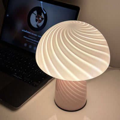 Contemporary Scandinavian Cylinder Half Round Mushroom Spiral Textured Glass 1-Light Table Lamp For Bedroom