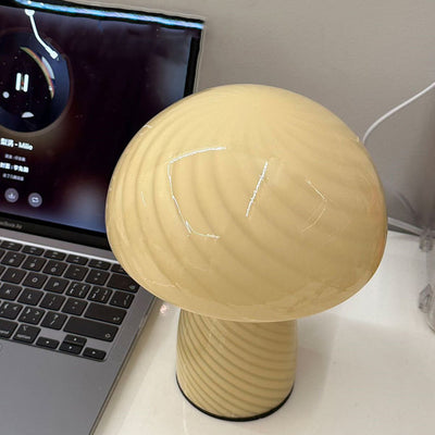 Contemporary Scandinavian Cylinder Half Round Mushroom Spiral Textured Glass 1-Light Table Lamp For Bedroom