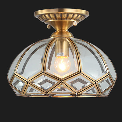 Traditional European Half Round Rhombus Disc Base Copper Glass 1-Light Semi-Flush Mount Ceiling Light For Living Room