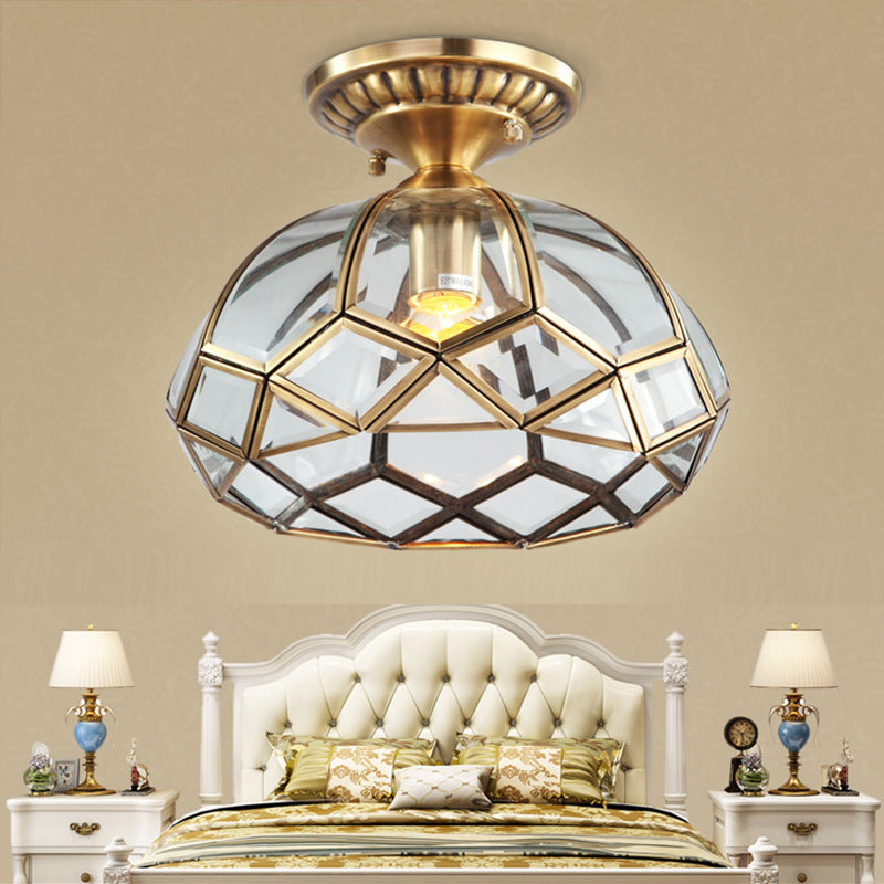 Traditional European Half Round Rhombus Disc Base Copper Glass 1-Light Semi-Flush Mount Ceiling Light For Living Room