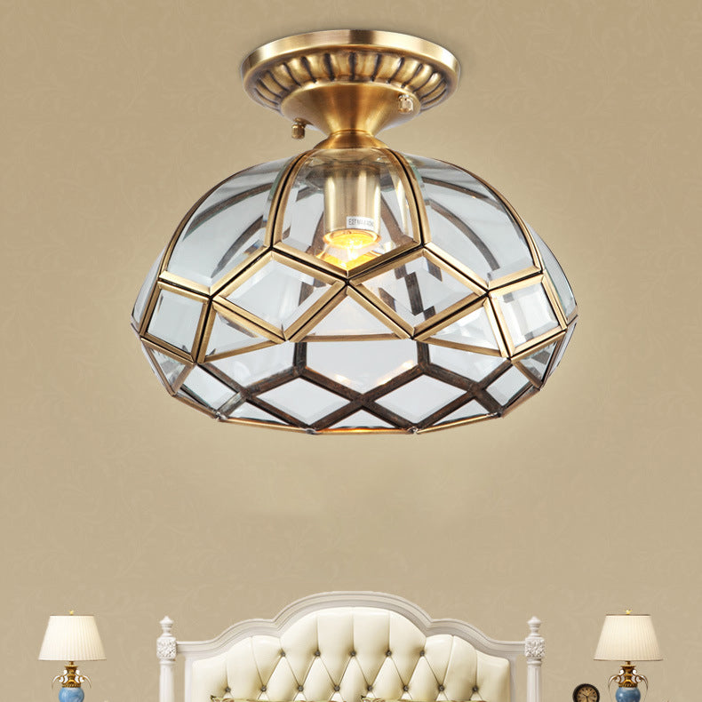 Traditional European Half Round Rhombus Disc Base Copper Glass 1-Light Semi-Flush Mount Ceiling Light For Living Room