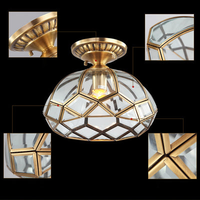 Traditional European Half Round Rhombus Disc Base Copper Glass 1-Light Semi-Flush Mount Ceiling Light For Living Room