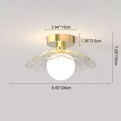 Contemporary Scandinavian Lotus Leaf Semi-Circular Spherical Striped Disc Base Iron Glass 1-Light Semi-Flush Mount Ceiling Light For Living Room