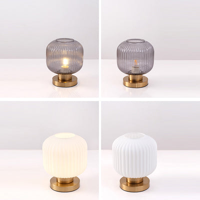 Contemporary Scandinavian Round Cylinder Striped Iron Glass 1-Light Table Lamp For Bedroom