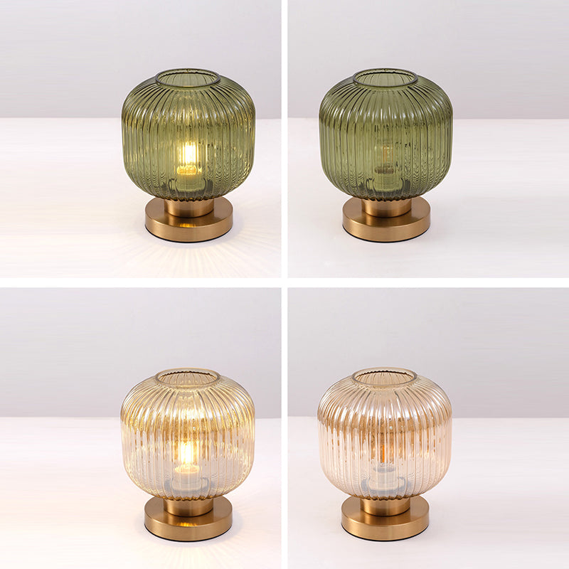 Contemporary Scandinavian Round Cylinder Striped Iron Glass 1-Light Table Lamp For Bedroom