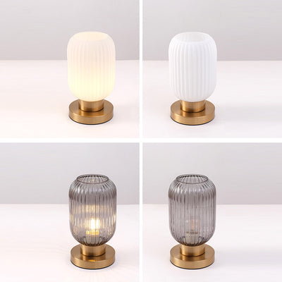 Contemporary Scandinavian Round Cylinder Striped Iron Glass 1-Light Table Lamp For Bedroom