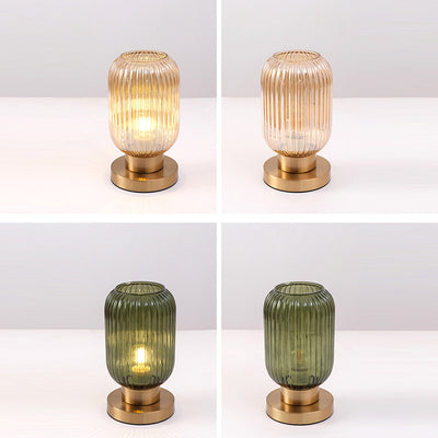 Contemporary Scandinavian Round Cylinder Striped Iron Glass 1-Light Table Lamp For Bedroom