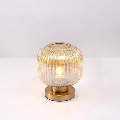 Contemporary Scandinavian Round Cylinder Striped Iron Glass 1-Light Table Lamp For Bedroom