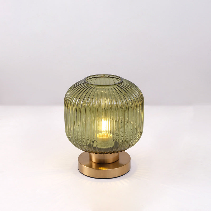 Contemporary Scandinavian Round Cylinder Striped Iron Glass 1-Light Table Lamp For Bedroom