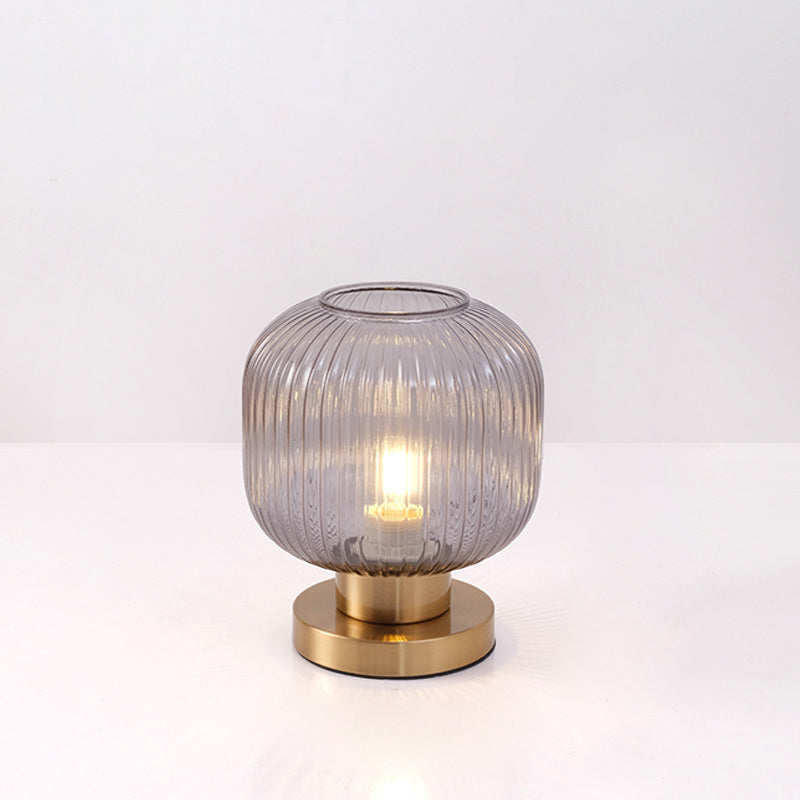 Contemporary Scandinavian Round Cylinder Striped Iron Glass 1-Light Table Lamp For Bedroom