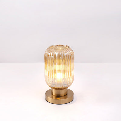 Contemporary Scandinavian Round Cylinder Striped Iron Glass 1-Light Table Lamp For Bedroom