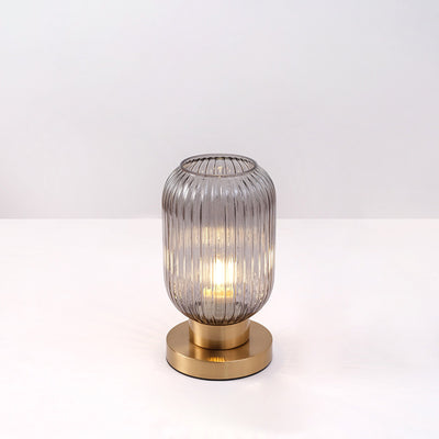 Contemporary Scandinavian Round Cylinder Striped Iron Glass 1-Light Table Lamp For Bedroom