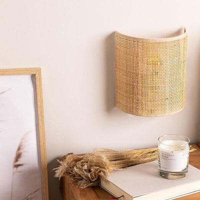 Traditional Japanese Semicircle Reticulated Hardware Rattan 1-Light Wall Sconce Lamp For Bedroom