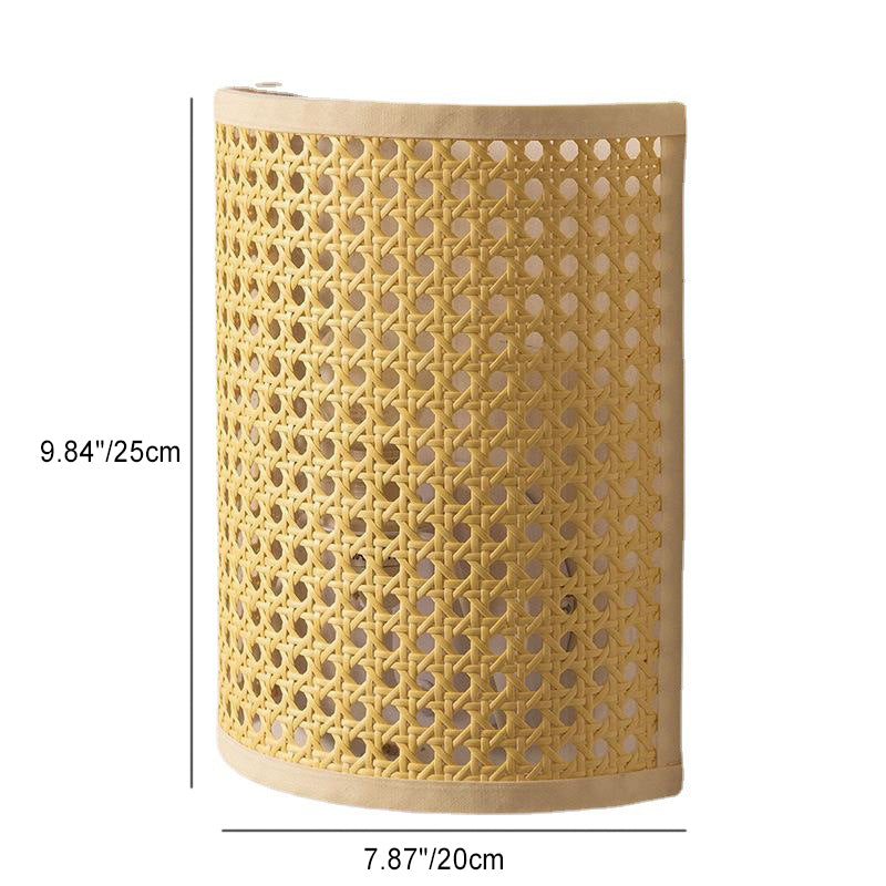 Traditional Japanese Semicircle Reticulated Hardware Rattan 1-Light Wall Sconce Lamp For Bedroom