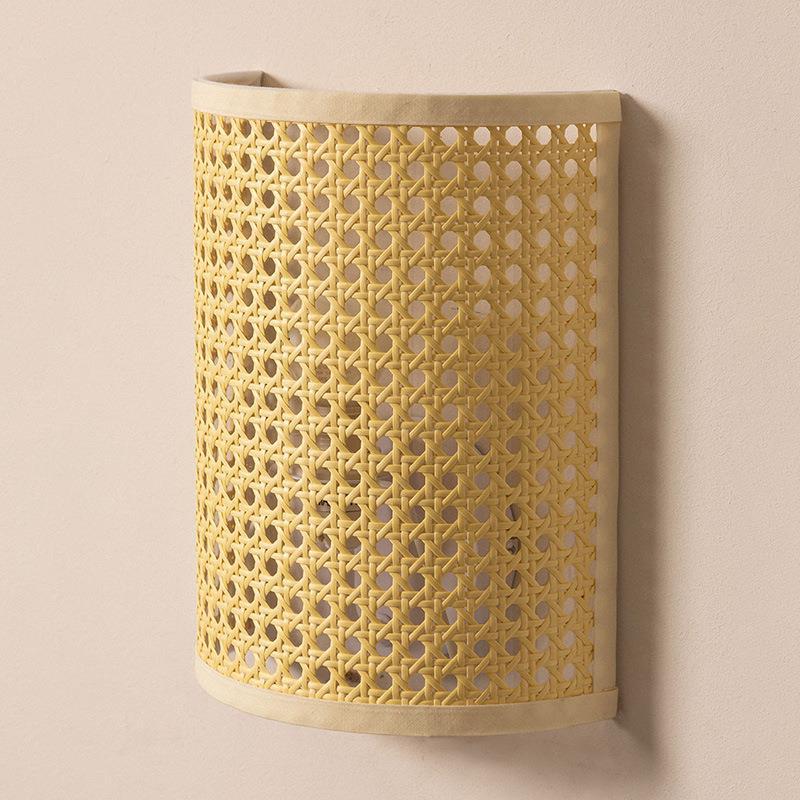 Traditional Japanese Semicircle Reticulated Hardware Rattan 1-Light Wall Sconce Lamp For Bedroom