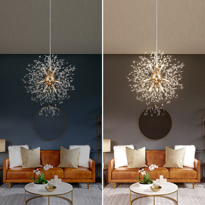 Contemporary Scandinavian Spherical Branch Snowflake Hardware Stainless Steel Crystal 9/12 Chandelier For Living Room