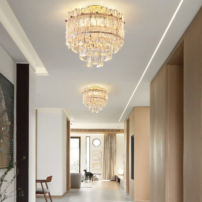 Modern Luxury Cylinder Multi-Layer Rectangle Hardware Crystal LED Semi-Flush Mount Ceiling Light For Living Room